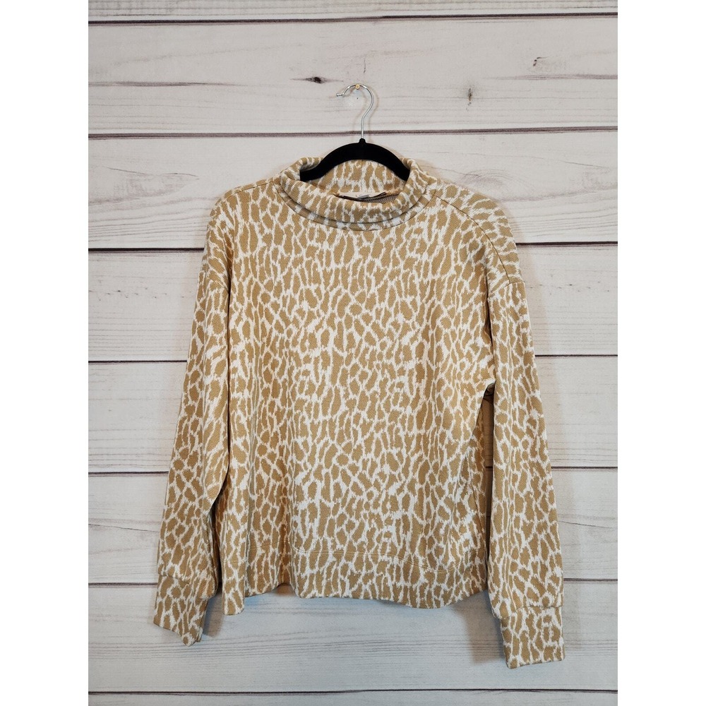 LOFT Sweater Tan White Animal Print Women Size Medium Mock Neck Relaxed Pullover